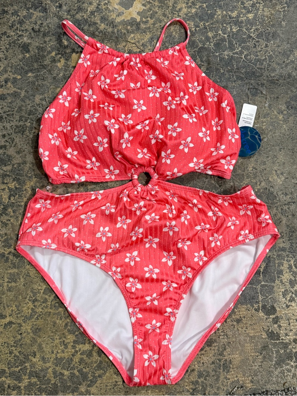 Decree Women’s XL One Piece CORAL With White Flowers Swimsuit Medium Coverage